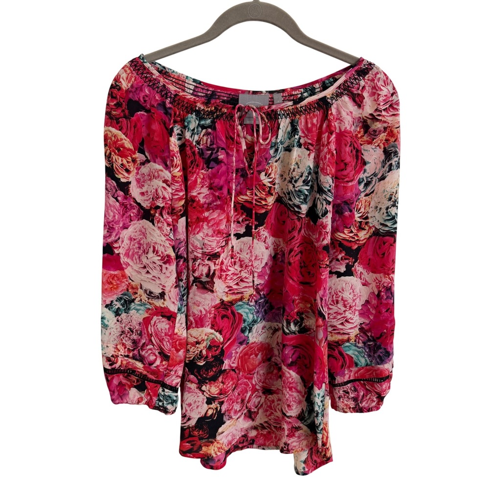 Vanessa Virginia Anthropologie Pink Floral 100% Silk Blouse Lace Trim Small